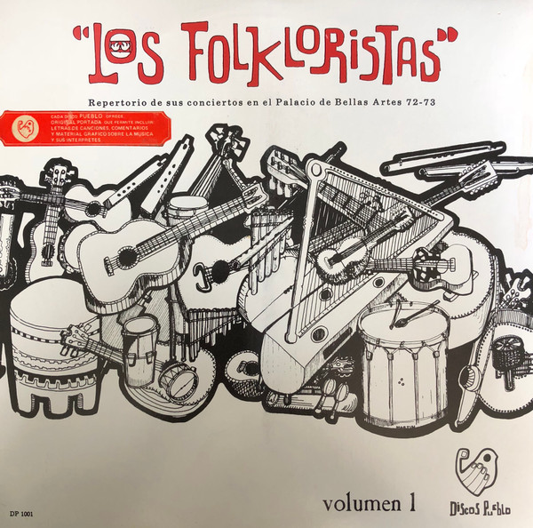 LP sleeve of Los Folkloristas, Volumen 1: black line drawing of piled folk instruments on a cream ground