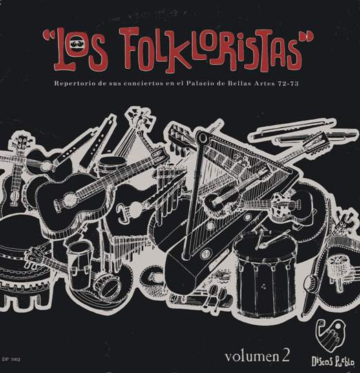 LP sleeve of Los Folkloristas, Volumen 2: white line drawing of piled folk instruments on a black ground, title in red