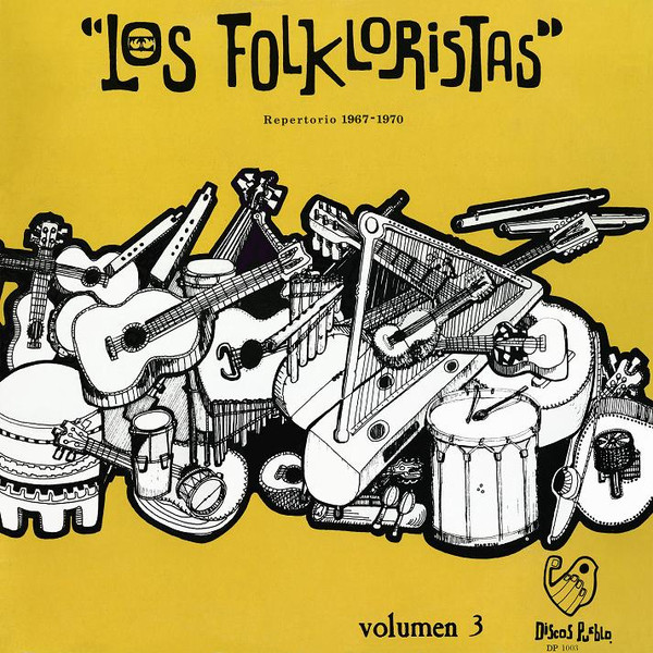 LP sleeve of Los Folkloristas, Volumen 3: instruments drawn on a bright yellow ground