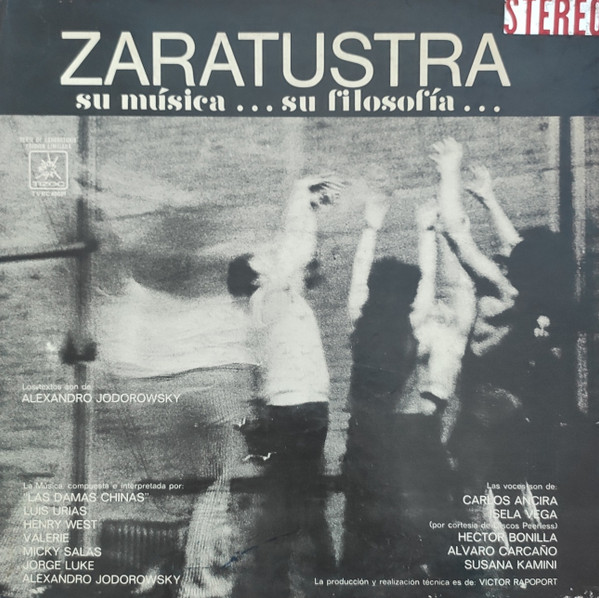 LP sleeve of Zaratustra: grainy black and white photograph of figures with raised arms, bold title type
